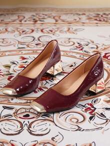 2026 New Lightweight Luxury Shiny Pleated Square Toe Low Vamp Closed Toe Design Chunky Heel 4.5cm Foot-Flattering Daily Casual Versatile Shoes - Burgundy - View 7