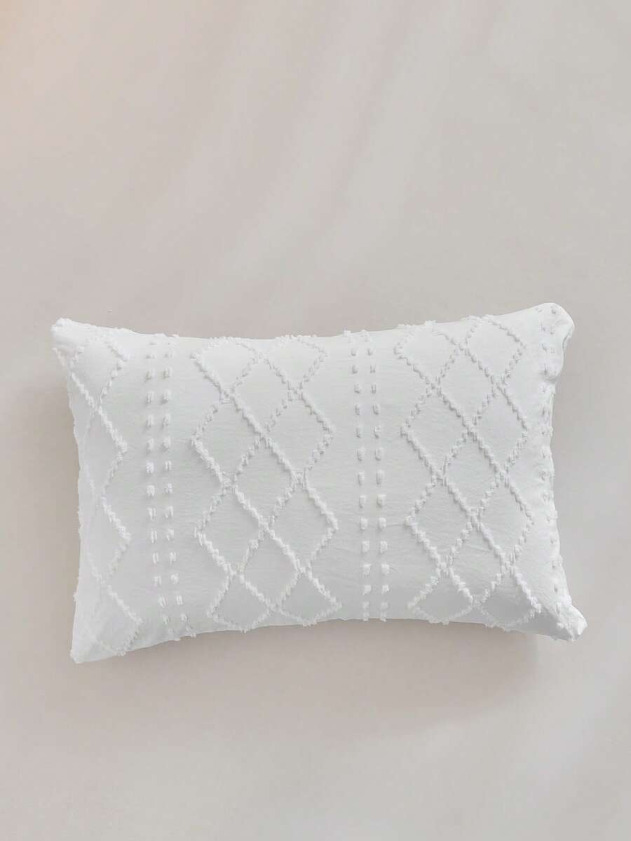 1pc Ins Style White Cutout Diamond Geometric Pattern Jacquard Pillow Case, Minimalist Solid Color Polyester Decorative Throw Pillow Cover, Suitable For All Seasons, Home Decor Cushion Cover, Machine Washable, No Filling Included - White - View 1