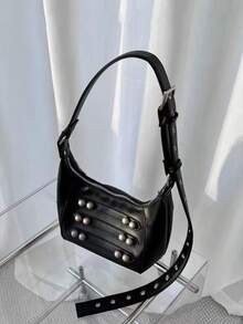 American Hot Girl Motorcycle Bag New Niche Design Ins Style Double Button Underarm Bag Commute Outing Daily Shopping Versatile Fashion Minimalist Shoulder Crossbody Bag - Black - View 3