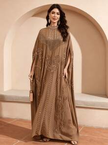 JINLICX Gold Beaded Embroidered Batwing Sleeve Camel Kaftan Maxi Dress Formal Banquet Abaya - Coffee Brown - View 1