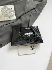 秋季新款時尚純色手拿包 鱷魚紋褶皺雲朵包 休閒信封包 化妝包 旅行配件包 內袋盥洗收納包 - 黑色 - 查看 8