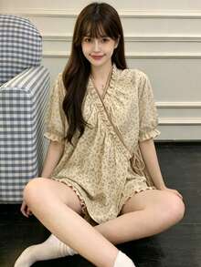 2件組女款睡衣套裝，短袖綁帶設計花卉印花時尚短褲，居家穿著舒適 - 彩色 - 查看 11