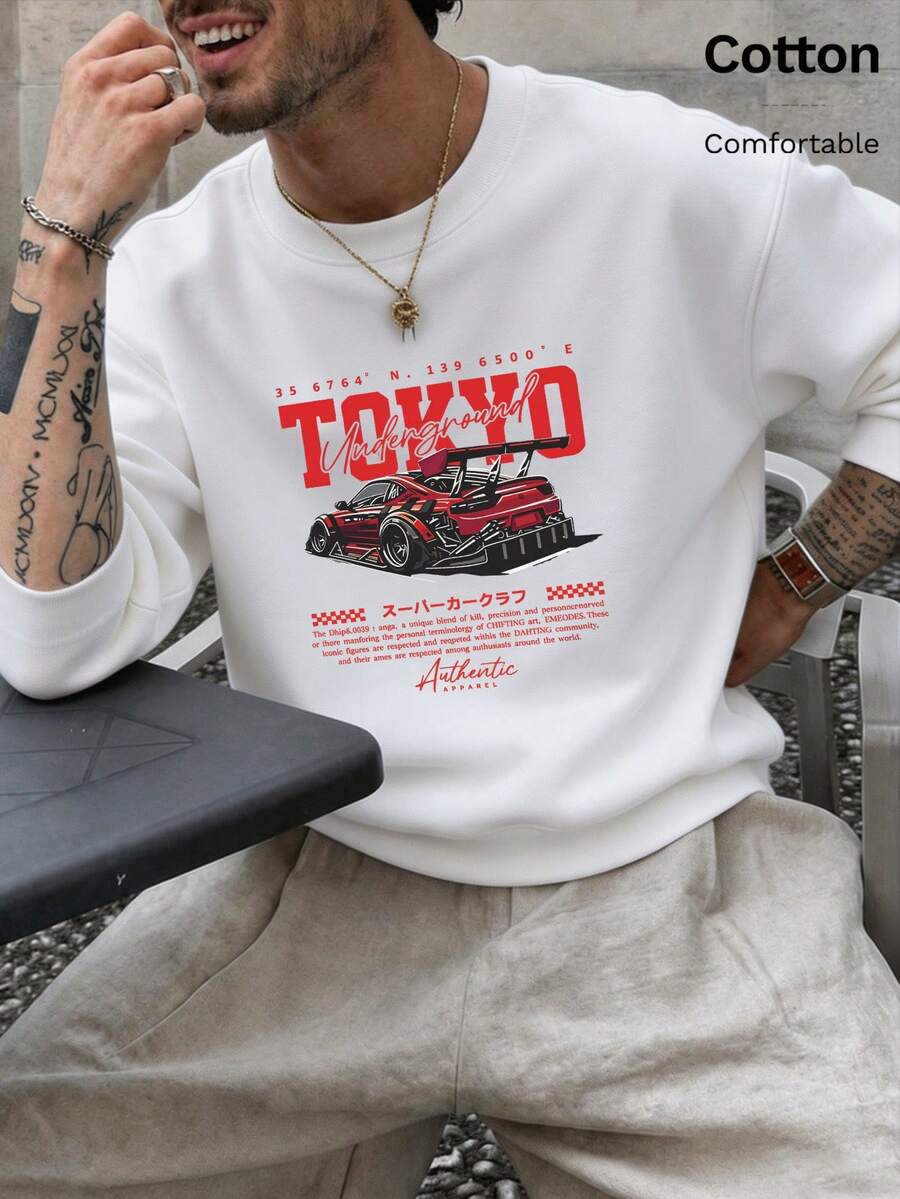 Autumn Red Racing Print Long Sleeve Crew Neck Men's Lightweight T-Shirt T-Shirt Y2K Style - White - View 1