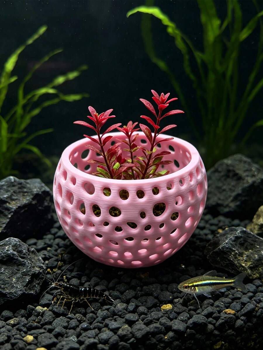 3D Printed Hollow Sphere Aquatic Plant Pot, Fish Tank Aquascaping Planting Container, Fish And Shrimp Hiding Cave, Aquarium Decoration Ornament - Happy Aquarium - View 1