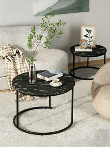 Stackable Marble Table With Metal Frame, Living Room Coffee Table With Sturdy Frame & Embedded Marble Surface, Movable & Space-Saving, Great Side Table For Living Room, Bedroom, Balcony And Terrace, One Random Floor Mat Included - Multicolor - View 5