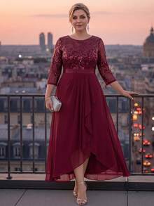 EVERPRETTY Women's Plus Size Elegant Burgundy Sequin Formal Dress, Round Neck 3/4 Sleeve, Ruffle Asymmetrical Hem Midi Length - Burgundy - View 7