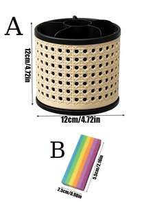 2pcs/1pc Retro Rattan‑Look Rotating Pen Holder, Multi‑Slot Makeup Brush Storage Organizer, Large‑Capacity Desktop Container, Vanity Cosmetic Brush Holder, Hollow Stylish Desk Organizer For Office & Student Stationery - Multicolor - View 8