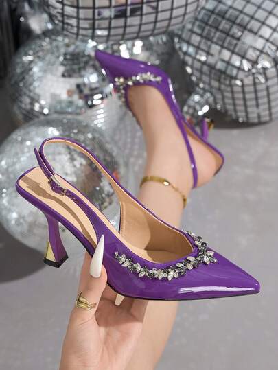 Autumn Women's Formal Shoes, French Style High-End Rhinestone Decorated Purple High Heels, Women's Kitten Heel Shoes For Outdoor Wear 2026 New Pointed Toe High Heel Pumps, Autumn/Winter New French Elegant Women's Shoes, Women's Pointed Toe Rhinestone Purple Stiletto High Heels, Suitable For Commuting, Party, Formal Dress, Elegant Evening Events