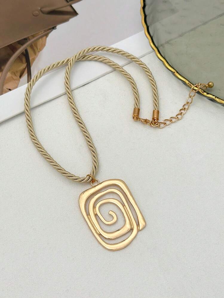 1pc Vintage European & American Style Braided Rope Thick Chain Necklace, Asymmetrical Hollow Square Geometric Pendant, Luxury Long Collarbone Chain - Necklace 1 - View 3