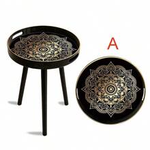 Round Tray Top Side Table, Mandala Floral Print, Black & Gold Luxury Printed End Table, Multi-Functional Coffee Tea Snack Decorative Table, Sofa Bedroom Bathroom Patio Garden Home Decor Storage Side Table - Black - View 14