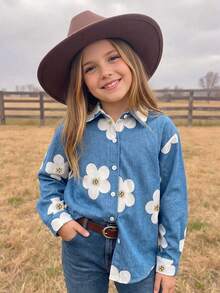Áo khoác denim nữ mùa xuân/thu phong cách tươi mới in hoa, cổ bẻ, kiểu cardigan thoải mái năng động - Màu xanh lam - Xem 1