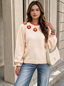 Sweater Pullover Lengan Panjang Wanita yang Elegan Warna Krem dengan Aksen Mawar Merah 3D, Panjang Reguler dan Kain Lembut Sedikit Elastis untuk Musim Dingin. Atasan - MultiWarna - View 3