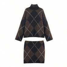 Elegant Diamond Pattern Mock Neck Long Sleeve Sweater Mini Skirt Two Pieces Outfit Casual Loose Fall Matching Set - Brown - View 10