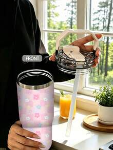 1pc/5pcs 30oz Macaron Color Plaid Floral Insulated Tumbler, Stainless Steel Material, With Handle, Straw And Leak-Proof Flip Lid, Soft Colorful Floral And Macaron Plaid Print, Birthday And Holiday Gift, Suitable For Travel, Work, Fitness And Daily Outdoor Use - Pink - Plaid Floral - View 4