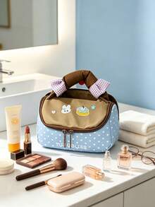 1PC/6PCSSweet Aesthetic Embroidered Cosmetic Bag, Handheld Travel Makeup Organizer, Large Capacity Zipper Toiletry Storage Pouch, Plaid Polka Dot Design, Cute Cartoon Pattern For Girls Daily Travel Cosmetics Accessories Storage - Multicolor - View 14