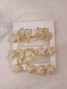 2-12PCS Gold Ocean Style Earrings Set, Starfish & Shell Multi-Piece Set - Gold - View 2