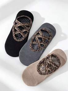 1/3 Pairs Leopard Print Criss-Cross Strap Yoga Non-Slip Boat Socks, Silicone Grip Floor Socks, Indoor Home Dance Pilates Sports Invisible Socks (Cardboard Not Included) - Multicolor - View 9