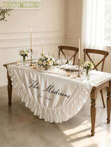 Customized Newlywed Satin Table Runner, Personalized Family Name & Date Scalloped Edge Tablecloth, Custom Wedding Sweet Table Decor, Reception Bride Shower Table Decoration Gift - Multicolor - View 6