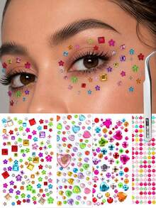 2/4 Sheets Love Square Flower Face Sticker, Stage Makeup Decal, Self-Adhesive Glue-Free Eye Makeup Rhinestone Decoration, Suitable For Holidays, Parties And Events, Nail Art Decoration, Concert Look, Create Clear Atmosphere Makeup Look - Multicolor - View 16