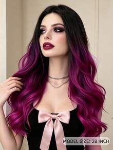 Ombre Black To Magenta Long Wavy Synthetic Wig For Women,28 Inch Middle Part Fluffy Curly Heat Resistant Wig For Daily Party Cosplay - Multicolor - View 3