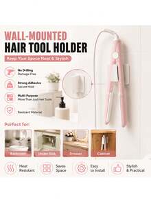 2pcs No-Drill Strong Adhesive Wall‑Mounted Hair Tool Storage Hook, Curling Iron & Hair Straightener Holder, Multipurpose Rack For Bathroom Vanity Cabinet, Universal For Bathroom Vanity, Cabinet, Kitchen - Multicolor - View 7