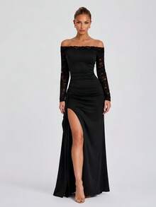 Elegant Sexy Lace Off-Shoulder Slit Evening Dress, Ruched Waist Design, Perfect For Evening Parties And Balls - Black - View 4