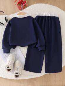 Young Girl Letter Print White Collar Pullover Warm Sweatshirt And Pants Set - Royal Blue - View 2
