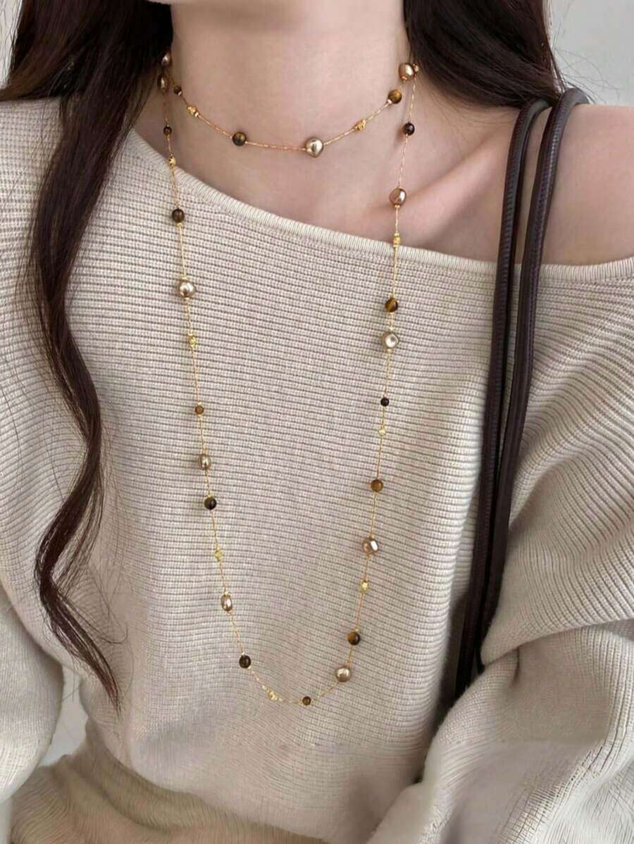1PC Layered Beaded Chain Long Necklace, Vintage Y‑Shape Wrap Necklace, Dainty Statement Neck Jewelry For Women Daily Party Occasions - Gold - View 1