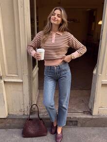Women Autumn Striped Polo Neck Sweater Button Half Placket Long Sleeve Loose Knit Jumper Casual Festival Daily Outfit - Multicolor - View 3