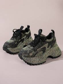 Women's Black Rhinestone Low-Top Thick Sole Lace-Up Casual Sports Shoes, Shiny Height-Increasing Daily Wear Shoes - Black - View 5