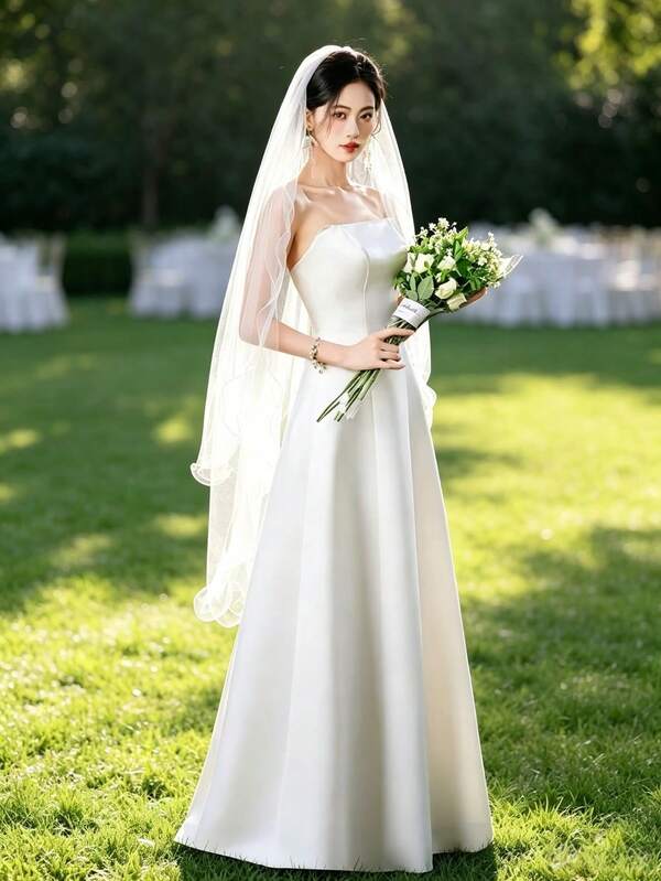 1pc Women's White Ankle-Length Veil, 125-150cm, New Double-Layer Rolled Hem Wavy Ruffle Edge Veil, Church Bridal Veil, Fairy Mori Style Veil, Wedding Dress Decoration Veil, Photography Performance Prop, Artistic Minimalist Vintage Style Travel Photography Veil With Hair Comb, Holiday Decoration Veil, Suitable For Wedding, Banquet, Performance, Party, Cosplay