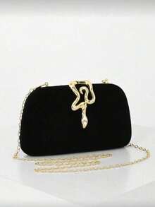 Black Evening Clutch, Rounded Rectangular Hard Frame Bag,Rhinestone Gold Snake Lock, Women Stylish Handbag For Wedding & Evening Banquet Events - Black - View 2