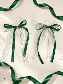 2pcs Girls Simple Versatile Green Lace Bow Side Hair Clips, Suitable For Holiday And Daily Outfit Matching - Green - View 2