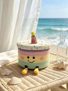 1pc Multicolor Cake-Shaped Storage Basket, Woven Cylindrical Organizer Bin With Lid, Plush Party Hat Design, Face Decoration, Desktop Storage Box, Suitable For Birthday Party, Home Indoor Daily Use - Multicolor - View 5