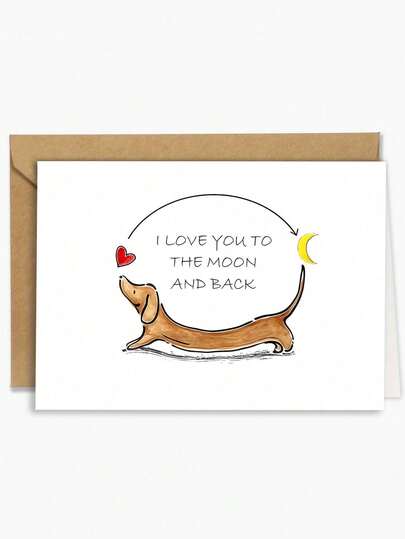 OBOVAY 1pc Dachshund Love Greeting Card With Envelope, "I Love You To The Moon And Back", Romantic Anniversary & Valentine's Day Card For Wife Husband Partner, Cute Dog Design