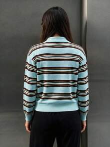 SEREN Sweater Rajut Bergaris Kerah Polo Baru untuk Wanita, Kardigan Lengan Panjang Musim Gugur, Cocok untuk Pakaian Sehari-hari Saat Beraktivitas - Mint Green - View 6