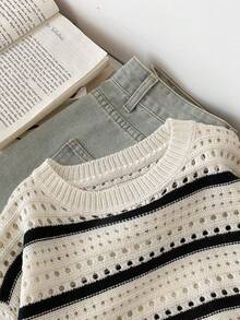 Spring/Autumn New Black & White Contrast Horizontal Stripe Hollow Knit Sweater, Round Neck Drop Shoulder Long Sleeve Loose Fit Versatile Thin Knit Top - Black and White - View 3