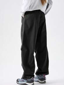 GRIM PANDA Women Parachute Cargo Pants Elastic Drawstring Waist Zipper Side Pockets Loose Straight Fit Casual Travel Daily Long Trousers Sports - Black - View 2