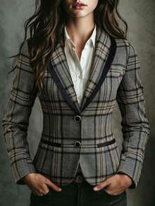 Women's Plaid Long Sleeve Blazer, Button Detail Contrast Trim Design, Regular Fit Polyester Jacket, Suitable For Autumn/Winter Wear Fall - Grey - View 1