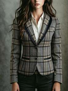 Women's Plaid Long Sleeve Blazer, Button Detail Contrast Trim Design, Regular Fit Polyester Jacket, Suitable For Autumn/Winter Wear Fall - Grey - View 3
