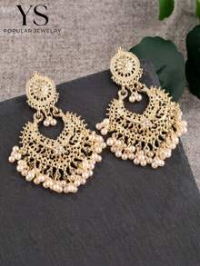 1pc Bohemian Style Heart-Shaped Bell Drop Earrings, Faux Pearl Dangle Jewelry For Women, Elegant Exaggerated Style - Gold - View 3