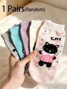 1/5 đôi tất cổ ngắn in mèo hoạt hình dễ thương, phong cách preppy ngọt ngào, tất thường ngày casual cho nữ, màu ngẫu nhiên - Nhiều màu - Xem 8