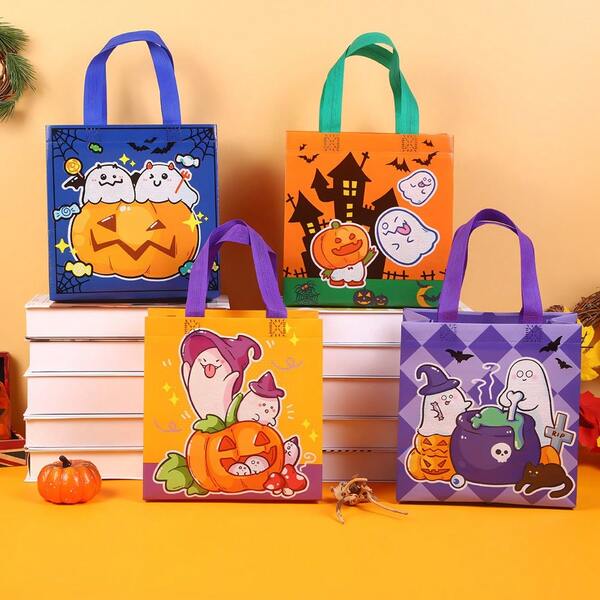 4/12/24pcs Non-Woven Fabric Tote Bags With Festive Atmosphere Theme, Unique Pumpkin And Bat Art Print Packaging Gift Bags, Childlike Style Scene Decoration Storage Handheld Gift Bags, Halloween Gift Packaging Bags