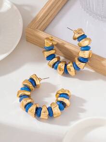 Minimalist Glossy Gradient Beaded Large Hoop Dangle Earrings, High-End Party Eye-Catching Exaggerated Runway Style, Can Be Paired With Pure White / Black Off-Shoulder Bandeau, Slim-Fit Satin Camisole, Basic High-Neck Knit Sweater - Blue - View 4