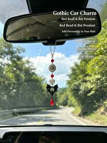 Pingente de Espelho Retrovisor de Morcego Escuro, Ornamento Pendurado de Decoração de Carro com Conta Vermelha de Margarida Vintage, Charme de Espelho Retrovisor de Morcego Gótico, Pingente Pendurado de Interior de Carro com Conta Vermelha de Margarida em Forma de Coração e Gota de Água - Flor de Morcego - Visão 12