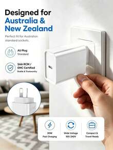 Charger Cepat USB-C 20W, Adaptor Dinding Steker Standar Australia Multifungsi. Charger USB-C untuk Perjalanan, Kompatibel dengan Berbagai Perangkat, Kabel USB-C ke USB-C 1m Opsional, Cocok untuk iPhone, Android, dan Perangkat Lainnya. - Steker AU (220-240V) - View 4
