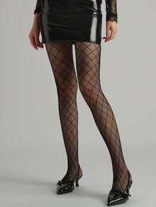 1 Pair Women's Black Diamond Lattice Fishnet Tights, European & American New Sexy Jacquard Pantyhose, Halloween Christmas Party Back To School Outfit Slimming Small Mesh Net Stockings Leggings - Black - View 3