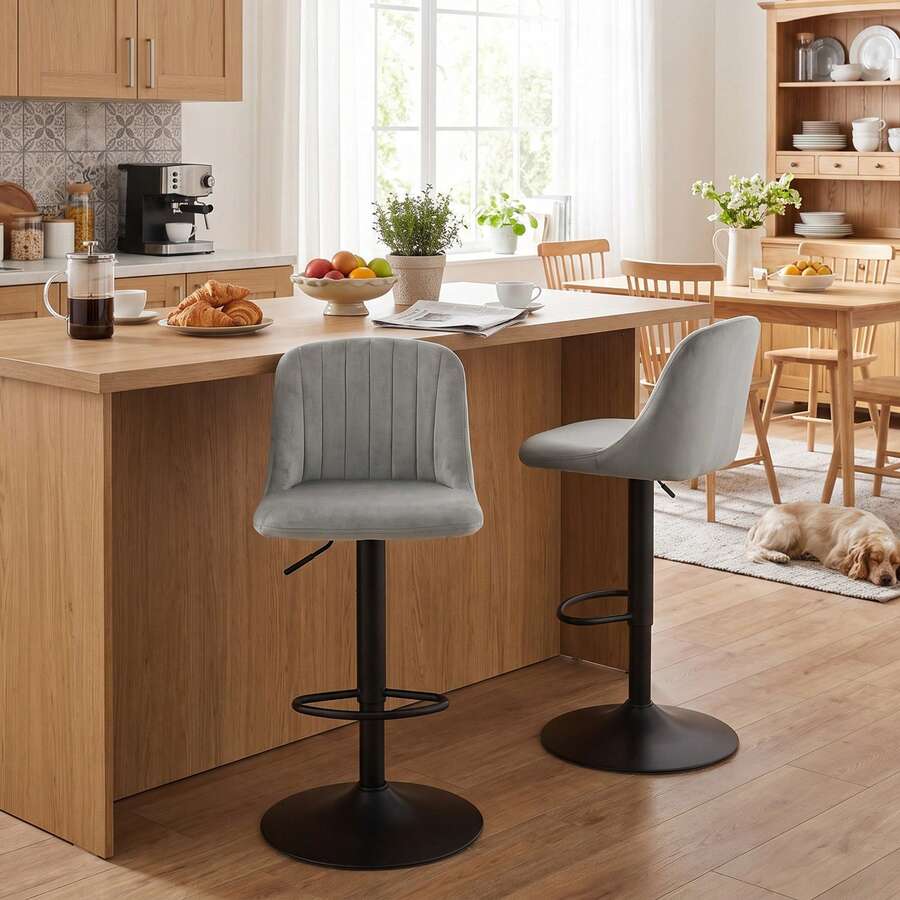 Goeurvant Height Adjustable Bar Stools 360° Swivel Breakfast Bar Chairs With Backrest And Matte Black Metal Base Modern Counter Stools For Living Room And Home Bar Set Of 2/4/6-Light Grey Velvet - Light Grey Velvet - View 1