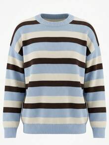 Women's 1pc Colorblock Striped Drop Shoulder Sweater, Vintage Preppy Style Crew Neck Long Sleeve Pullover, Loose Fit Knit Top, Suitable For Streetwear, Back To School, Weekend Gatherings - Light Blue - View 5