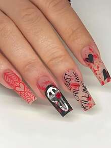 24 Peças Unhas Postiças Quadradas Longas de Halloween com Manchas de Sangue, Teia de Aranha, Coração, Letra, Decoração de Caveira 3D, Estilo Doce e Legal Escuro, Adequado para Uso Diário de Meninas e Mulheres, Festa de Feriado, Cosplay, Tema de Halloween - Multicolorido - Visão 1